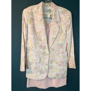 VTG 90s Liz Claiborne 100% Linen Light Pink Floral Jacket And Skirt Suit Size 6